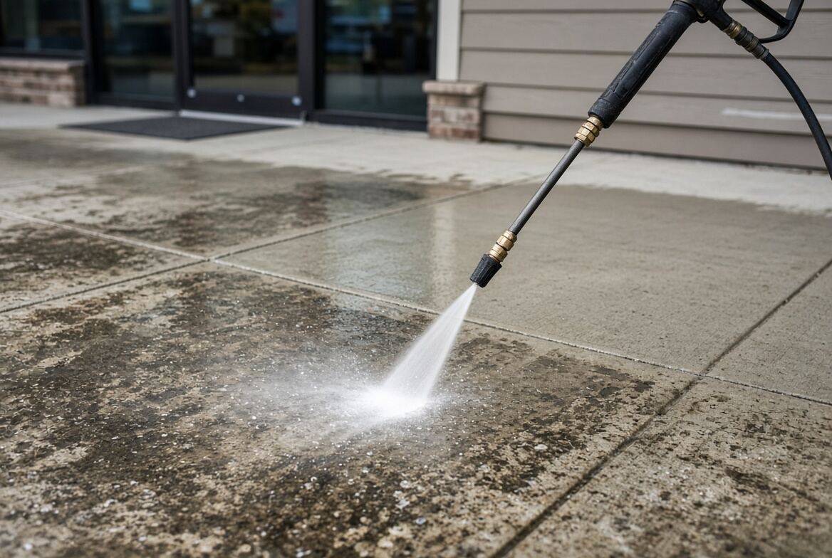 Hot water pressure washing commercial concrete