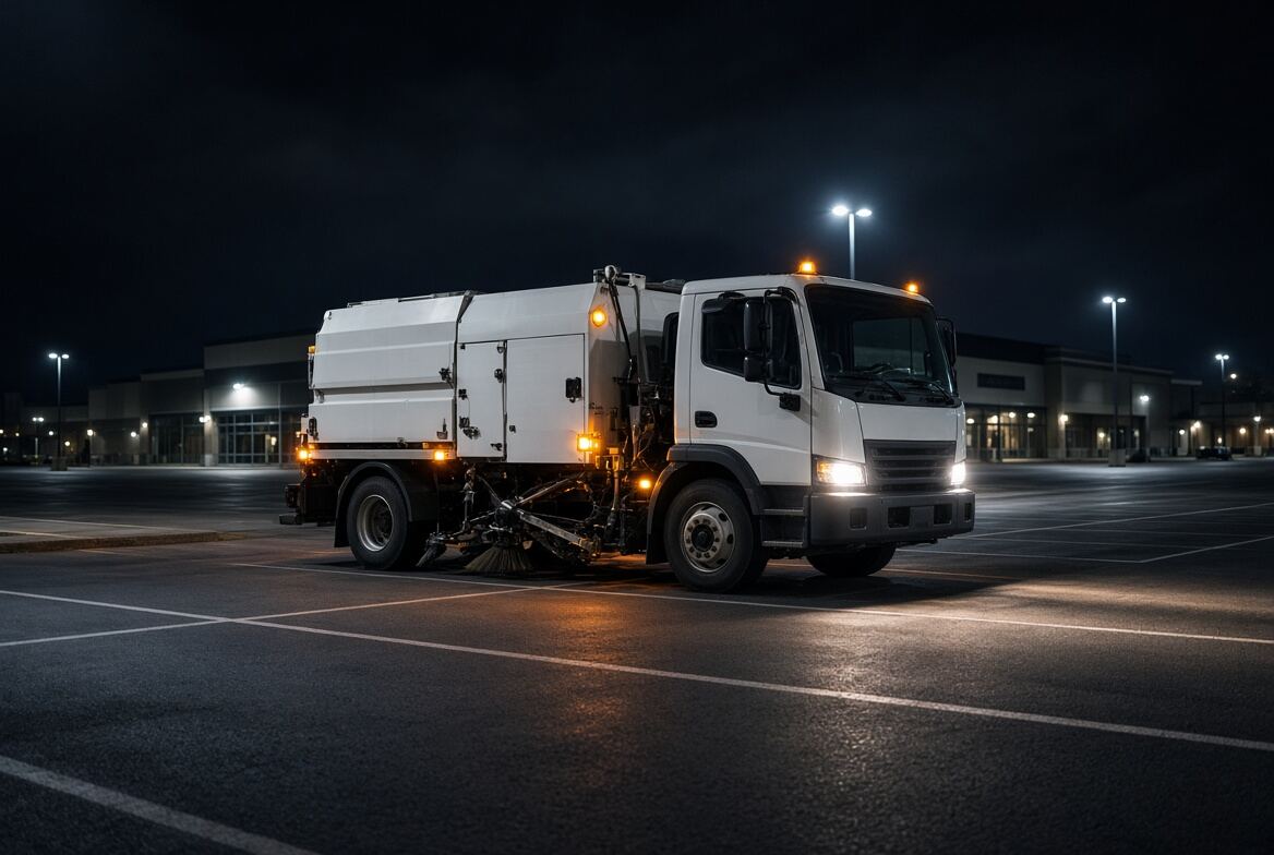 Parking lot sweeper on a commercial lot
